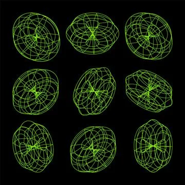 Wireframe lined shapes. Perspective mesh, 3d grid. Low poly geometric elements 스톡 일러스트