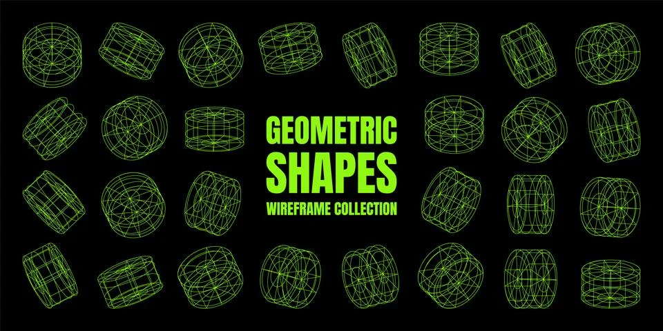 Wireframe lined shapes. Perspective mesh, 3d grid. Low poly geometric elements Stock Illustration