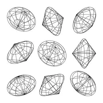 Wireframe lined shapes. Perspective mesh, 3d grid. Low poly geometric elements Stock Illustration