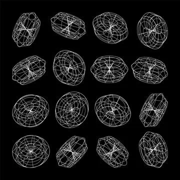 Wireframe lined shapes. Perspective mesh, 3d grid. Low poly geometric elements Stock Illustration