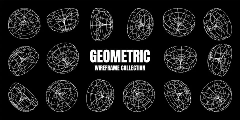 Wireframe lined shapes. Perspective mesh, 3d grid. Low poly geometric elements Illustrazione stock