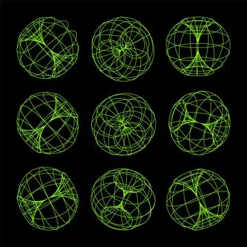 Wireframe lined shapes. Perspective mesh, 3d grid. Low poly geometric elements Illustrazione stock