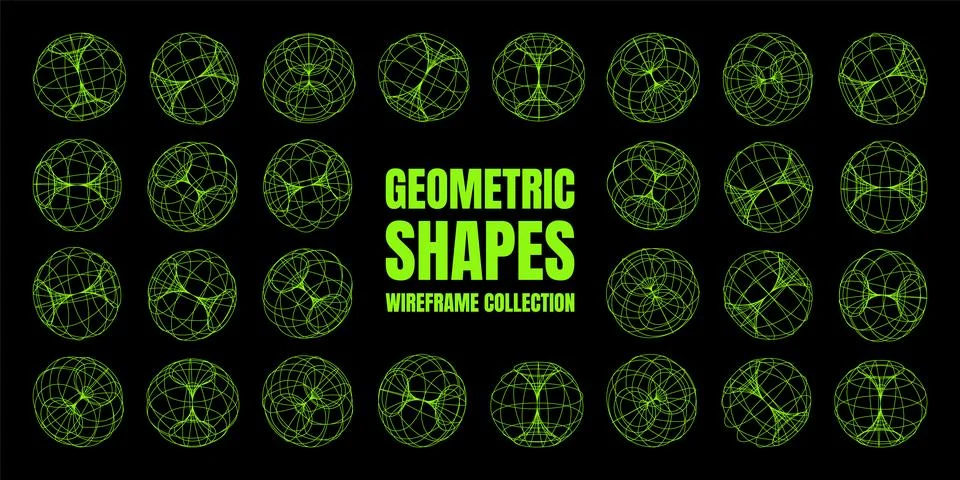 Wireframe lined shapes. Perspective mesh, 3d grid. Low poly geometric elements Stock Illustration