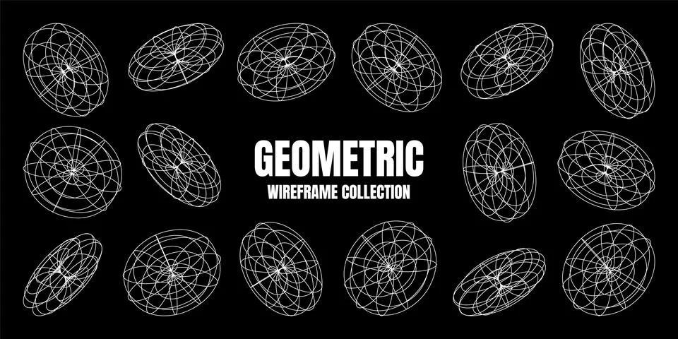 Wireframe lined shapes. Perspective mesh, 3d grid. Low poly geometric elements 스톡 일러스트