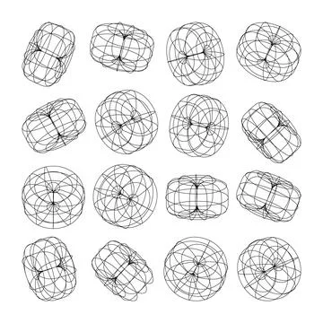 Wireframe lined shapes. Perspective mesh, 3d grid. Low poly geometric elements Stock Illustration