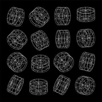 Wireframe lined shapes. Perspective mesh, 3d grid. Low poly geometric elements 스톡 일러스트