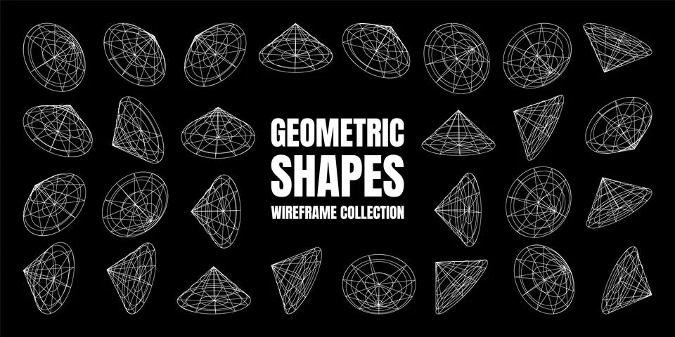 Wireframe lined shapes. Perspective mesh, 3d grid. Low poly geometric elements Stock Illustration