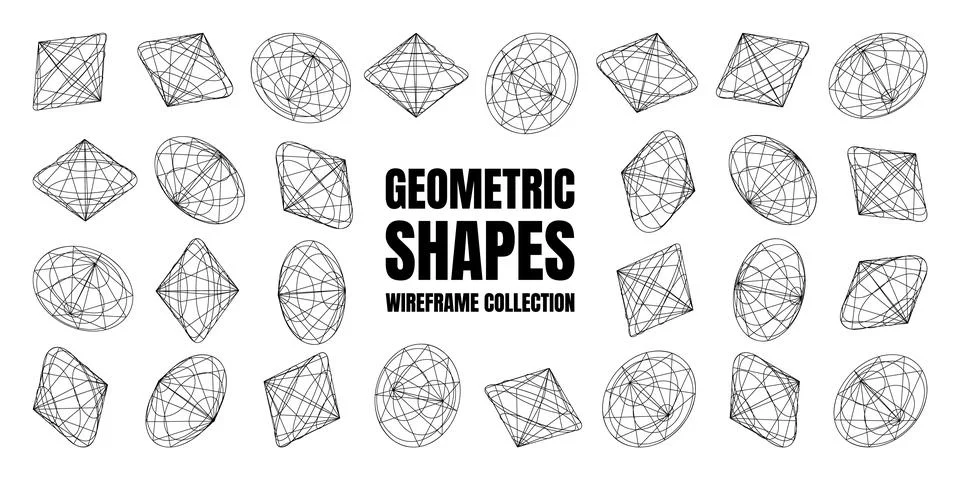 Wireframe lined shapes. Perspective mesh, 3d grid. Low poly geometric elements Stock Illustration