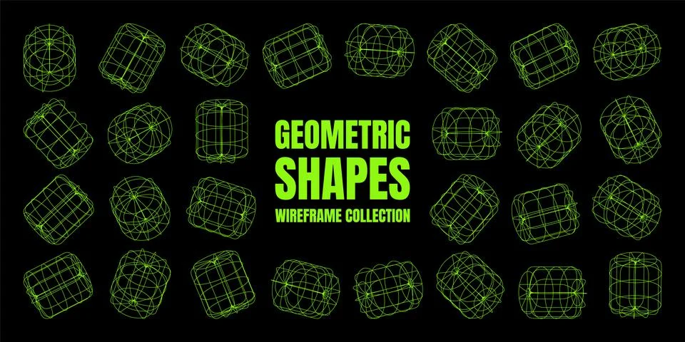 Wireframe lined shapes. Perspective mesh, 3d grid. Low poly geometric elements Illustrazione stock