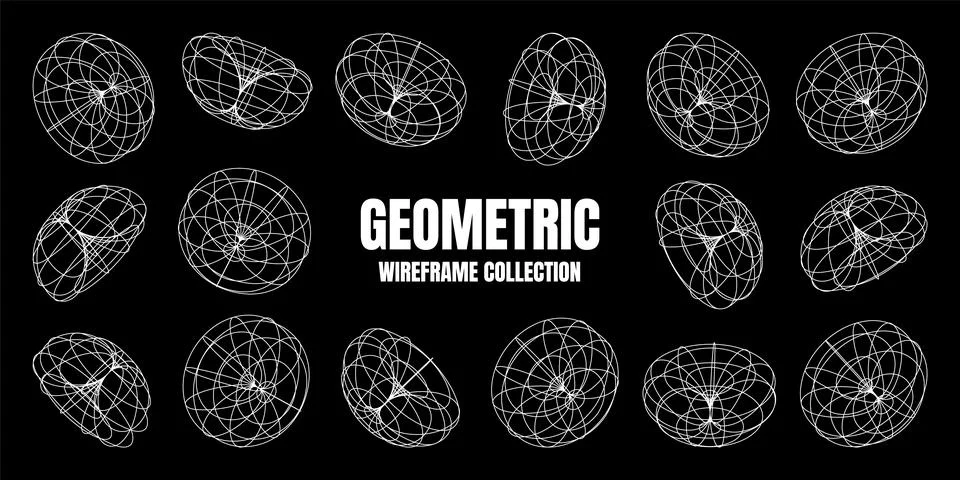 Wireframe lined shapes. Perspective mesh, 3d grid. Low poly geometric elements Illustrazione stock