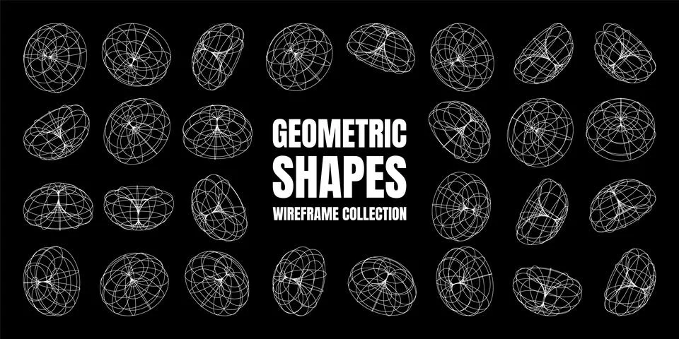 Wireframe lined shapes. Perspective mesh, 3d grid. Low poly geometric elements 스톡 일러스트