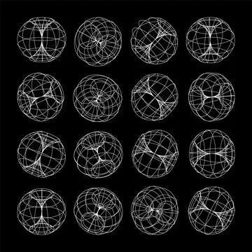 Wireframe lined shapes. Perspective mesh, 3d grid. Low poly geometric elements Stock Illustration