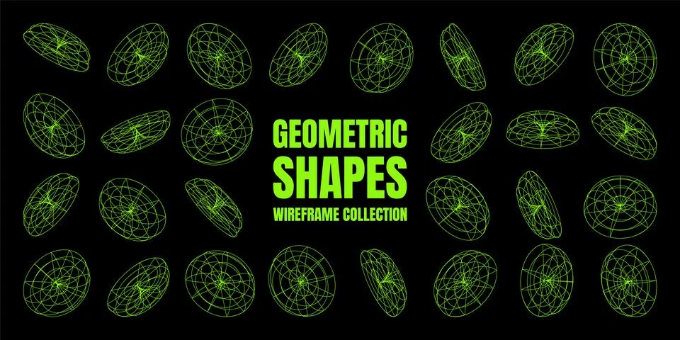 Wireframe lined shapes. Perspective mesh, 3d grid. Low poly geometric elements Illustrazione stock