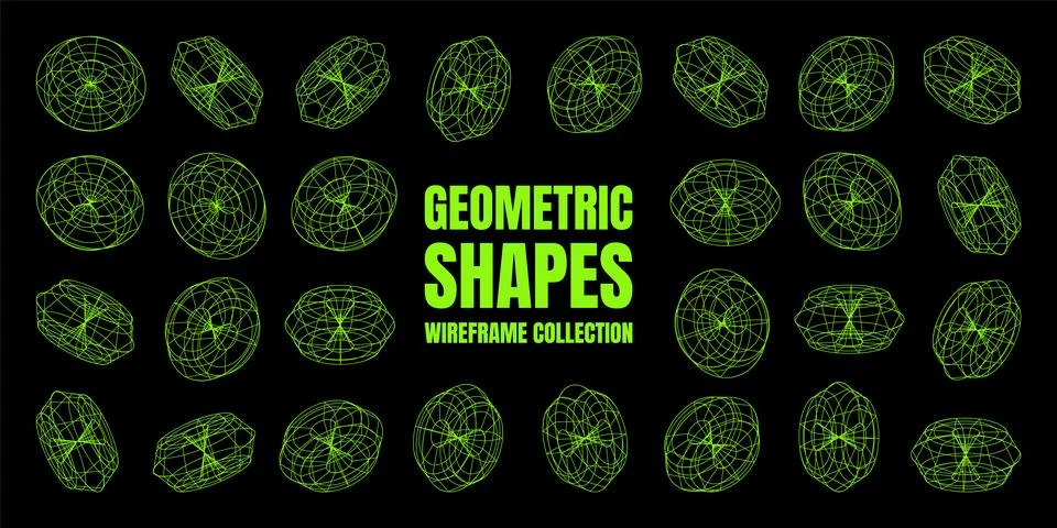 Wireframe lined shapes. Perspective mesh, 3d grid. Low poly geometric elements Stock Illustration