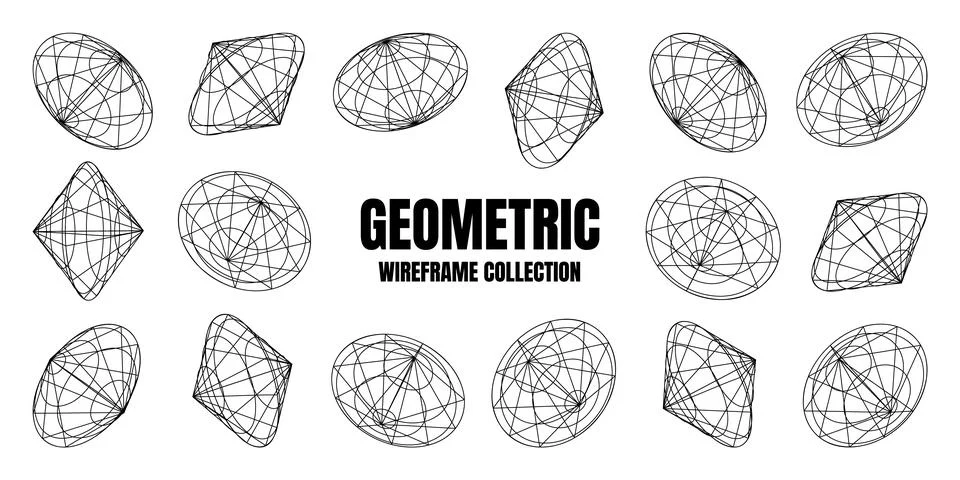 Wireframe lined shapes. Perspective mesh, 3d grid. Low poly geometric elements 스톡 일러스트