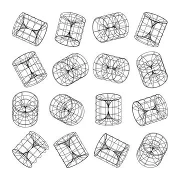 Wireframe lined shapes. Perspective mesh, 3d grid. Low poly geometric elements Stock Illustration