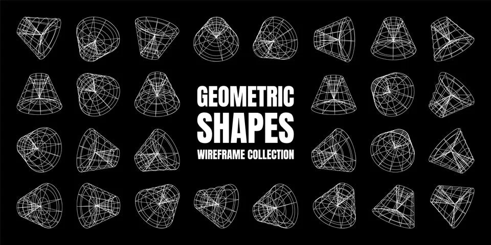 Wireframe lined shapes. Perspective mesh, 3d grid. Low poly geometric elements Illustrazione stock