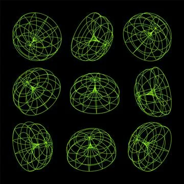 Wireframe lined shapes. Perspective mesh, 3d grid. Low poly geometric elements Stock Illustration