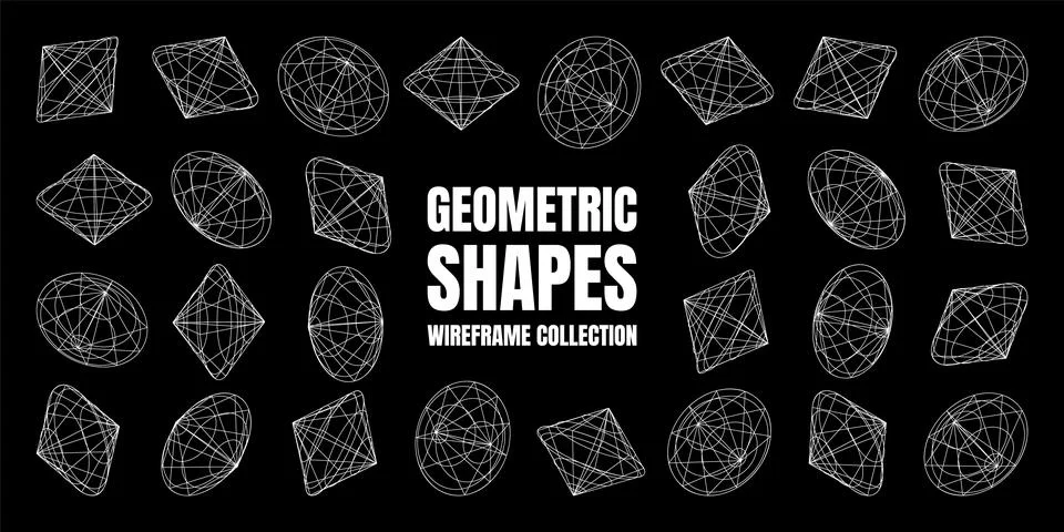 Wireframe lined shapes. Perspective mesh, 3d grid. Low poly geometric elements イラスト素材