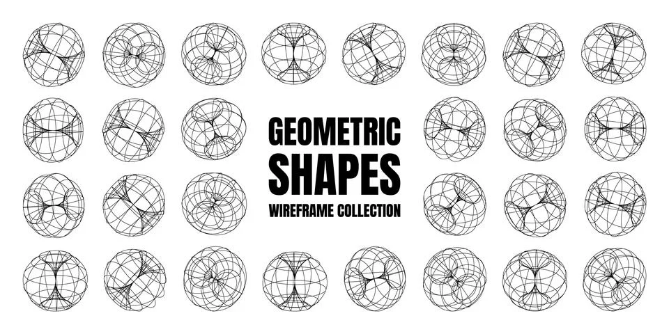 Wireframe lined shapes. Perspective mesh, 3d grid. Low poly geometric elements Stock Illustration