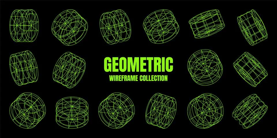 Wireframe lined shapes. Perspective mesh, 3d grid. Low poly geometric elements Illustrazione stock