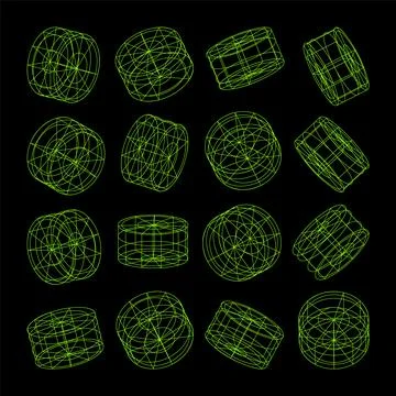 Wireframe lined shapes. Perspective mesh, 3d grid. Low poly geometric elements Stock Illustration