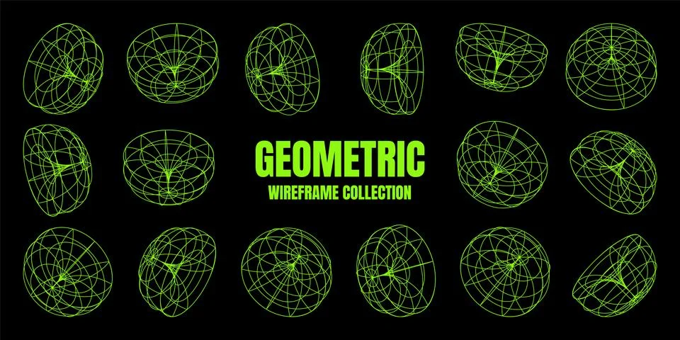 Wireframe lined shapes. Perspective mesh, 3d grid. Low poly geometric elements Illustrazione stock