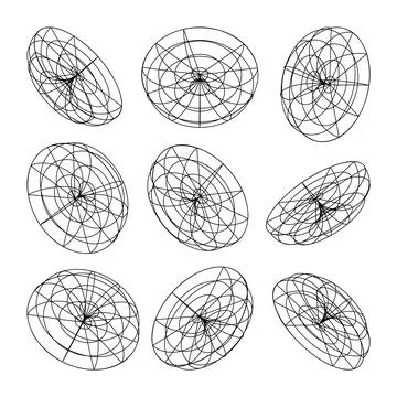 Wireframe lined shapes. Perspective mesh, 3d grid. Low poly geometric elements Stock Illustration