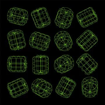 Wireframe lined shapes. Perspective mesh, 3d grid. Low poly geometric elements Illustrazione stock