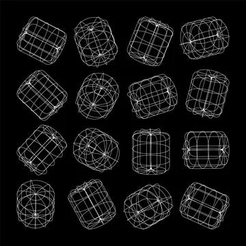 Wireframe lined shapes. Perspective mesh, 3d grid. Low poly geometric elements 스톡 일러스트