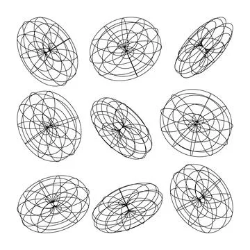 Wireframe lined shapes. Perspective mesh, 3d grid. Low poly geometric elements 스톡 일러스트