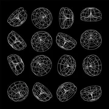 Wireframe lined shapes. Perspective mesh, 3d grid. Low poly geometric elements Stock Illustration