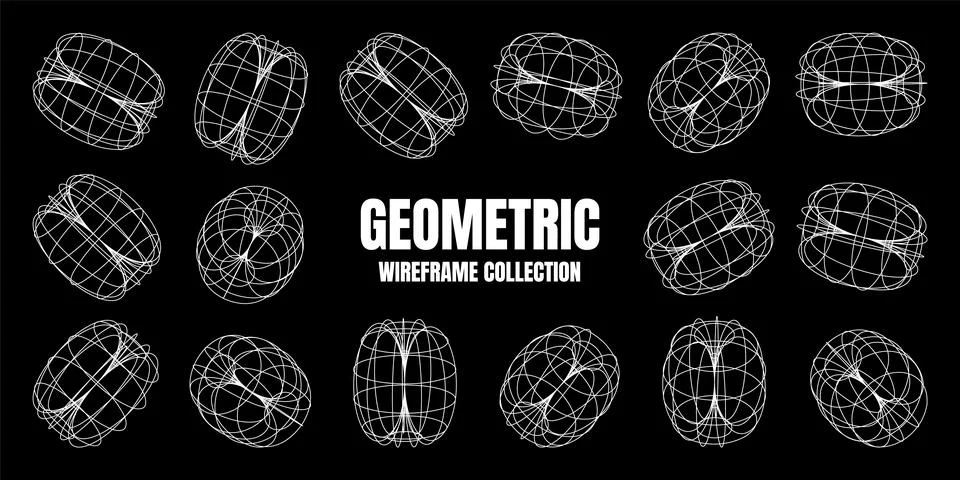 Wireframe lined shapes. Perspective mesh, 3d grid. Low poly geometric elements Stock Illustration