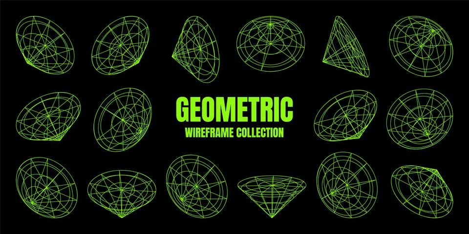 Wireframe lined shapes. Perspective mesh, 3d grid. Low poly geometric elements 스톡 일러스트