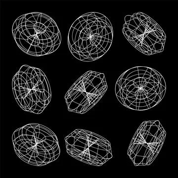 Wireframe lined shapes. Perspective mesh, 3d grid. Low poly geometric elements 스톡 일러스트