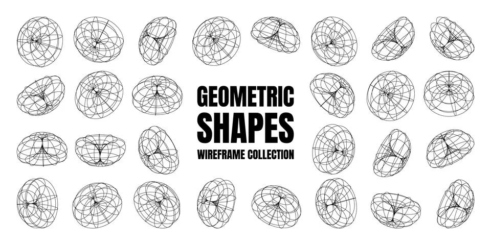 Wireframe lined shapes. Perspective mesh, 3d grid. Low poly geometric elements Stock Illustration