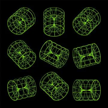 Wireframe lined shapes. Perspective mesh, 3d grid. Low poly geometric elements Stock Illustration