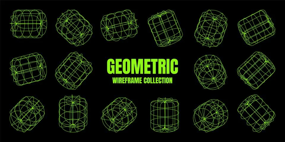 Wireframe lined shapes. Perspective mesh, 3d grid. Low poly geometric elements Stock Illustration