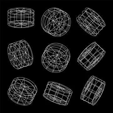 Wireframe lined shapes. Perspective mesh, 3d grid. Low poly geometric elements Stock Illustration