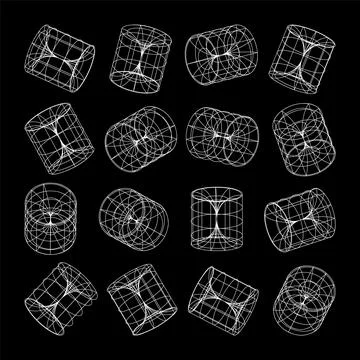 Wireframe lined shapes. Perspective mesh, 3d grid. Low poly geometric elements Stock Illustration