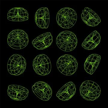 Wireframe lined shapes. Perspective mesh, 3d grid. Low poly geometric elements Stock Illustration