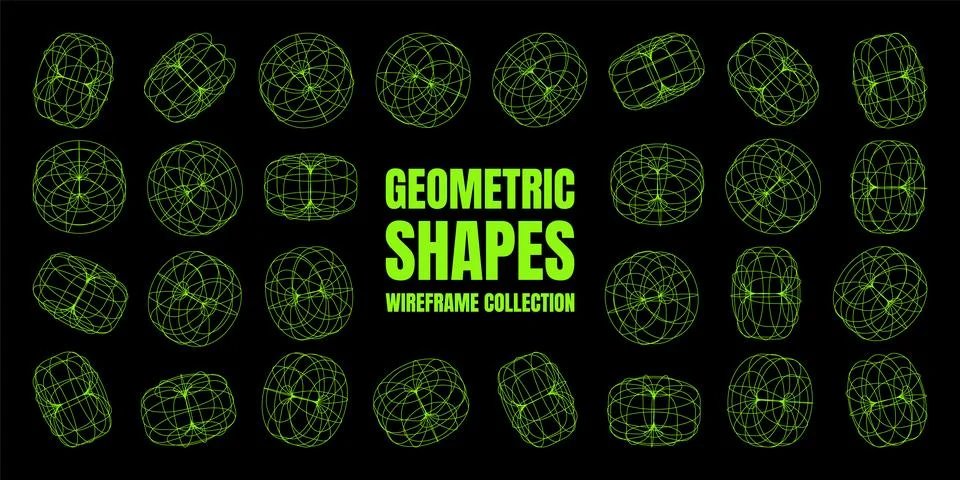 Wireframe lined shapes. Perspective mesh, 3d grid. Low poly geometric elements Illustrazione stock
