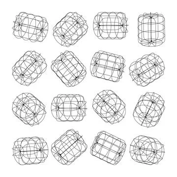 Wireframe lined shapes. Perspective mesh, 3d grid. Low poly geometric elements Stock Illustration