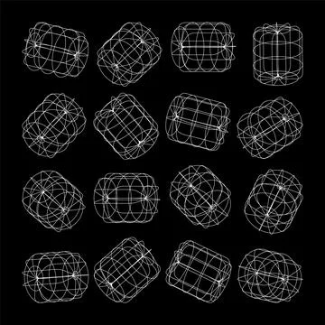 Wireframe lined shapes. Perspective mesh, 3d grid. Low poly geometric elements Stock Illustration