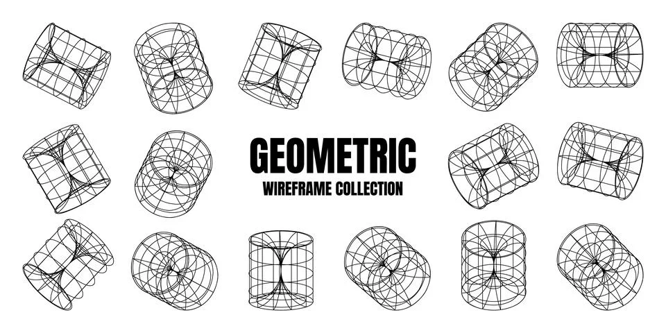 Wireframe lined shapes. Perspective mesh, 3d grid. Low poly geometric elements Stock Illustration