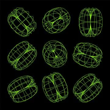 Wireframe lined shapes. Perspective mesh, 3d grid. Low poly geometric elements Stock Illustration