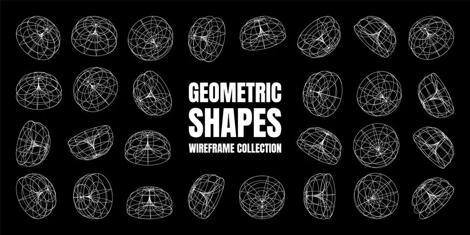 Wireframe lined shapes. Perspective mesh, 3d grid. Low poly geometric elements Illustrazione stock