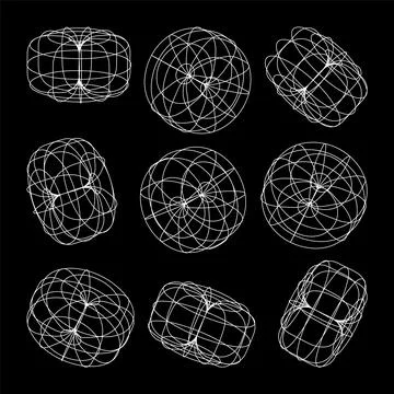 Wireframe lined shapes. Perspective mesh, 3d grid. Low poly geometric elements 스톡 일러스트