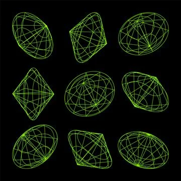 Wireframe lined shapes. Perspective mesh, 3d grid. Low poly geometric elements Stock Illustration