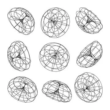 Wireframe lined shapes. Perspective mesh, 3d grid. Low poly geometric elements Illustrazione stock